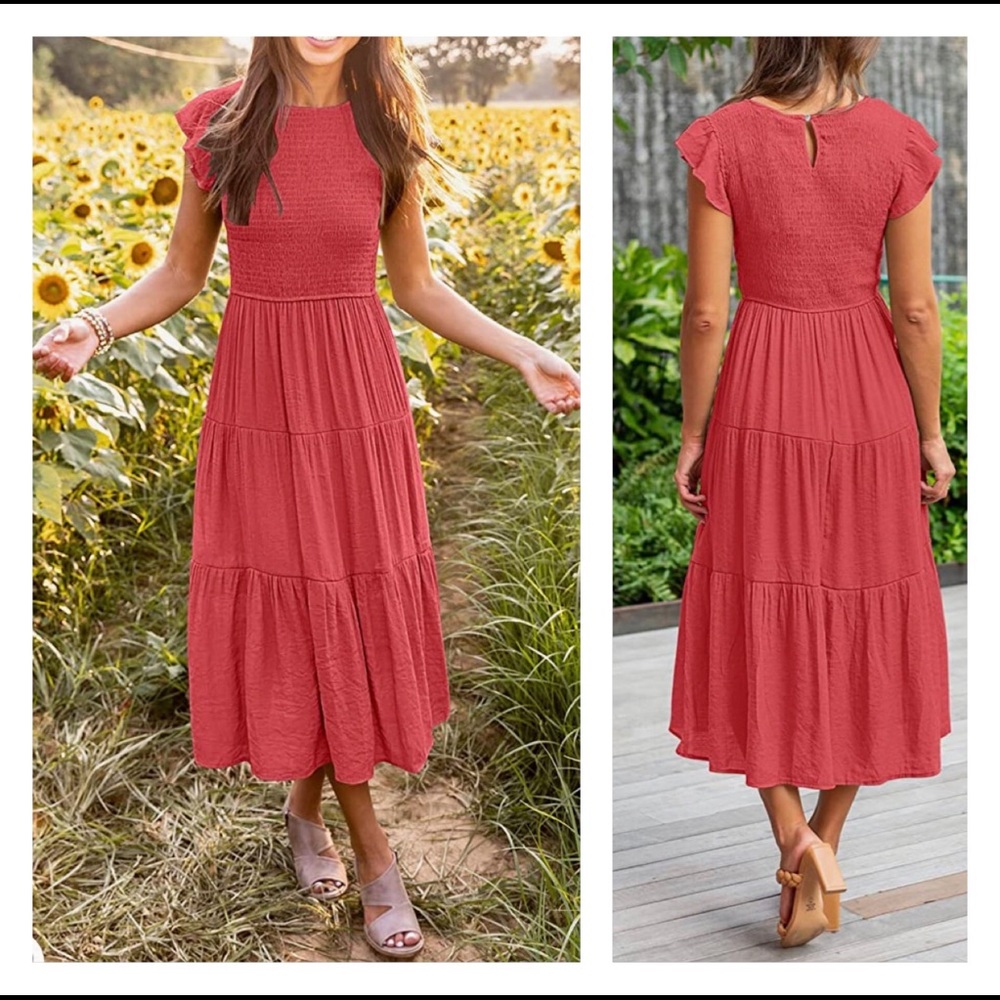 NWTCasual Flutter Short Sleeve Crew Neck Smocked Elastic Waist Tiered Midi Dress